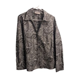 Coldwater Creek Silver & Black Textured Paisley Button Down PXL